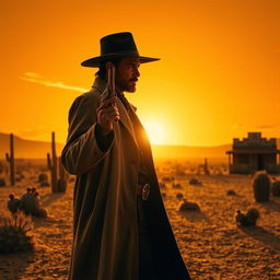 A scene from a Django-inspired Western film featuring a lone gunslinger standing in a dusty desert landscape