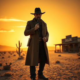 A scene from a Django-inspired Western film featuring a lone gunslinger standing in a dusty desert landscape