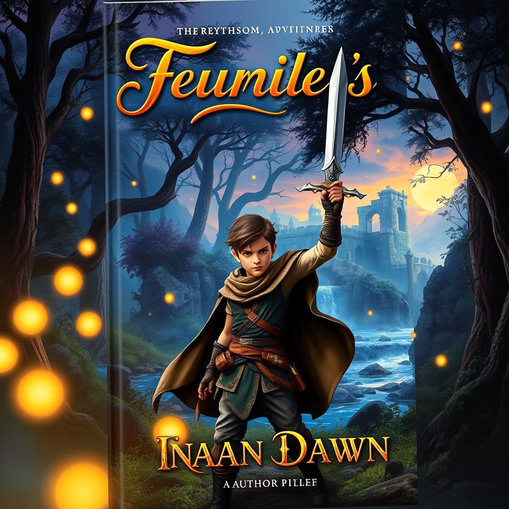 A dynamic and captivating book cover featuring a mystical forest bathed in twilight, with glowing orbs of light floating gently among the trees