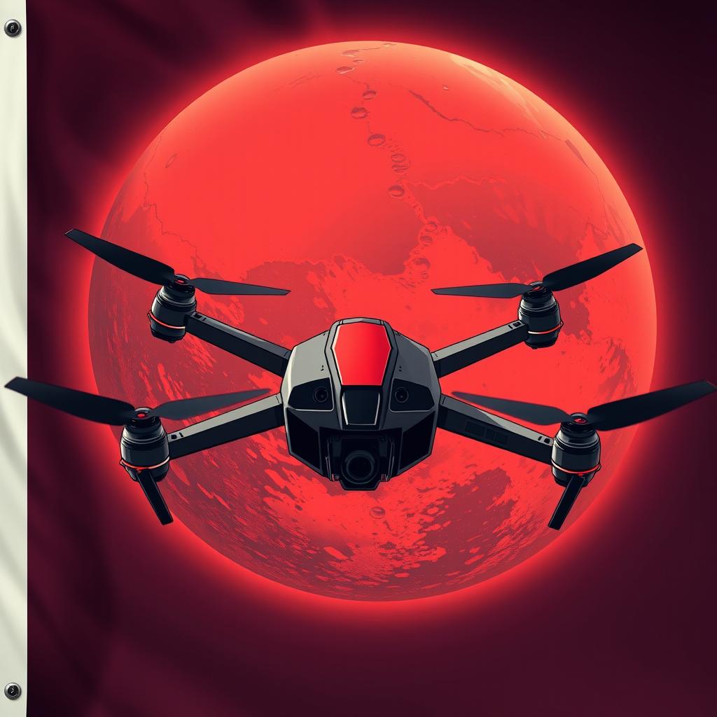 A captivating and intense illustration for a military unit flag featuring Mars prominently in the background, showcasing its distinctive features such as the red surface and large canyons