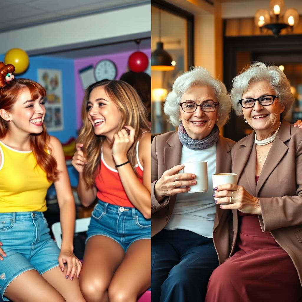 A split scene depicting two best friends in their teenage years and as older women