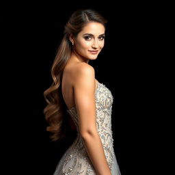 A stunning portrait of a beautiful woman, with long flowing hair styled elegantly, wearing a glamorous evening gown that sparkles under light