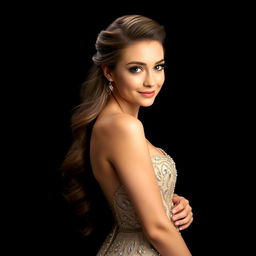 A stunning portrait of a beautiful woman, with long flowing hair styled elegantly, wearing a glamorous evening gown that sparkles under light