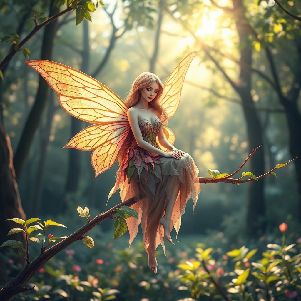 A beautiful, ethereal fairy sitting gracefully on a delicate leafy branch
