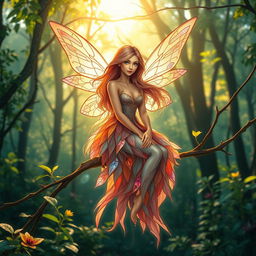 A beautiful, ethereal fairy sitting gracefully on a delicate leafy branch