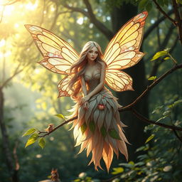A beautiful, ethereal fairy sitting gracefully on a delicate leafy branch