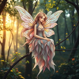A beautiful, ethereal fairy sitting gracefully on a delicate leafy branch