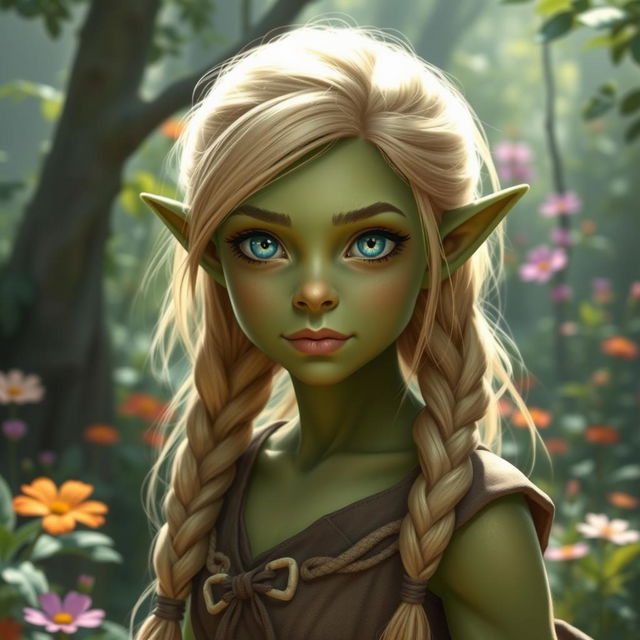A beautiful young female orc with soft greenish skin, showcasing her unique features