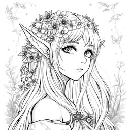 A captivating greyscale illustration of a female elf druid, focusing on the shoulders up