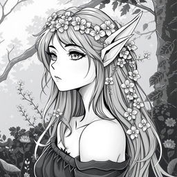 A captivating greyscale illustration of a female elf druid, focusing on the shoulders up