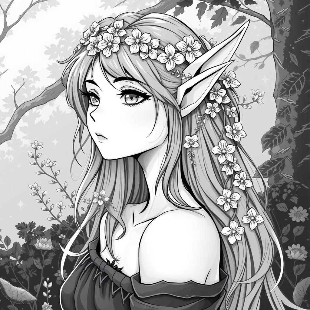 A captivating greyscale illustration of a female elf druid, focusing on the shoulders up