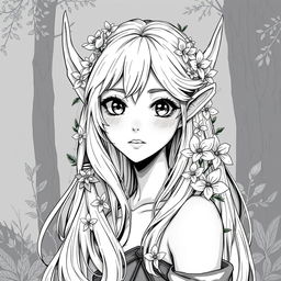A captivating greyscale illustration of a female elf druid, focusing on the shoulders up
