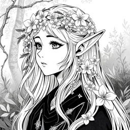 A captivating greyscale illustration of a female elf druid, focusing on the shoulders up