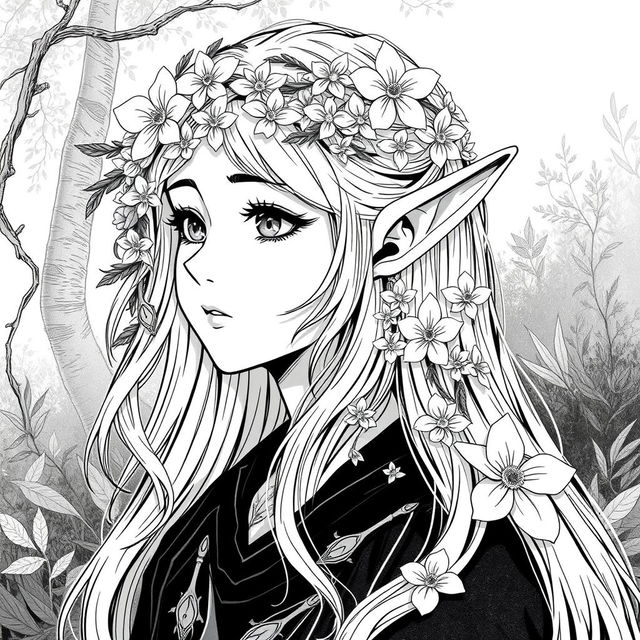 A captivating greyscale illustration of a female elf druid, focusing on the shoulders up