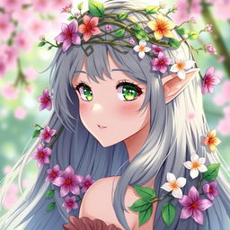 An enchanting anime style illustration featuring a female elf druid, showcasing her from the shoulders up