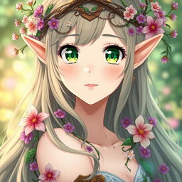 An enchanting anime style illustration featuring a female elf druid, showcasing her from the shoulders up