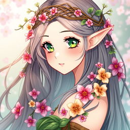 An enchanting anime style illustration featuring a female elf druid, showcasing her from the shoulders up
