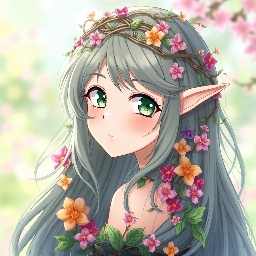 An enchanting anime style illustration featuring a female elf druid, showcasing her from the shoulders up