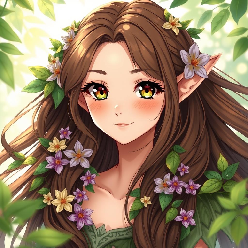 A beautifully illustrated anime style portrait of a female elf druid, featuring lush flowers adorning her shoulders and cascading around her neck