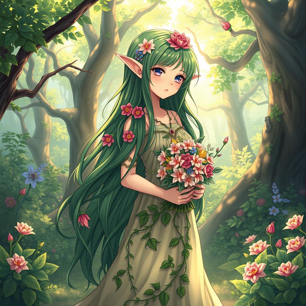 An enchanting anime-style illustration of a female elf druid standing in a lush, vibrant forest