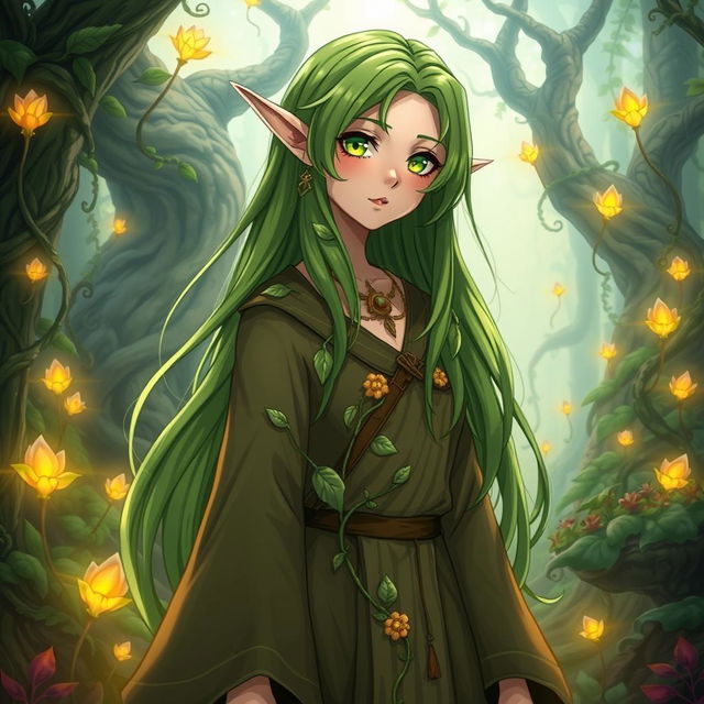 A beautiful female elf druid in anime style, with long flowing green hair and pointed ears