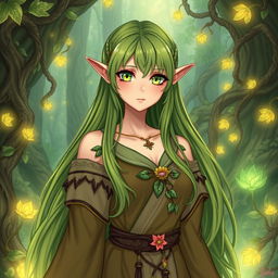 A beautiful female elf druid in anime style, with long flowing green hair and pointed ears