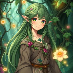 A beautiful female elf druid in anime style, with long flowing green hair and pointed ears