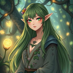 A beautiful female elf druid in anime style, with long flowing green hair and pointed ears