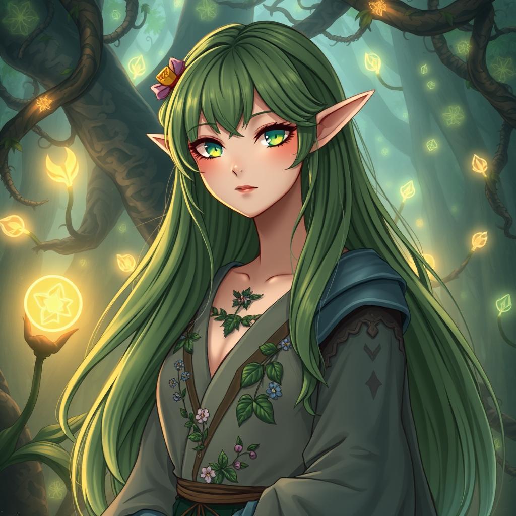 A beautiful female elf druid in anime style, with long flowing green hair and pointed ears