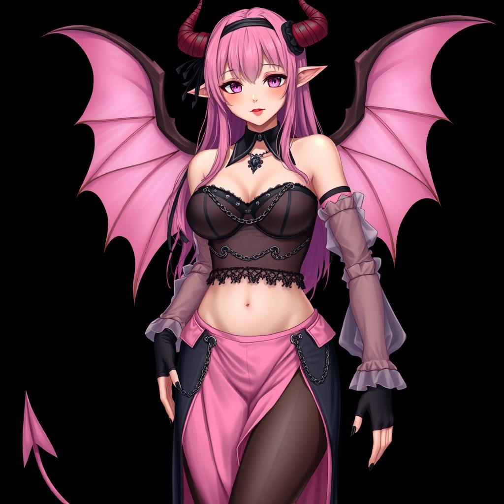 A realistic portrayal of a sexy submissive gothic anime succubus girl with wings, thin horns, and a tail