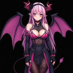 A realistic portrayal of a sexy submissive gothic anime succubus girl with wings, thin horns, and a tail