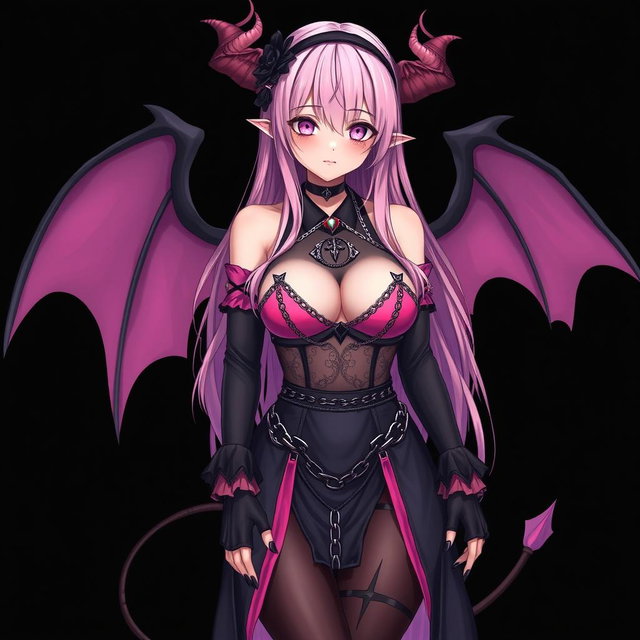A realistic portrayal of a sexy submissive gothic anime succubus girl with wings, thin horns, and a tail