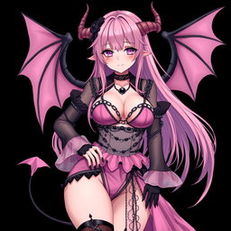 A realistic portrayal of a sexy submissive gothic anime succubus girl with wings, thin horns, and a tail