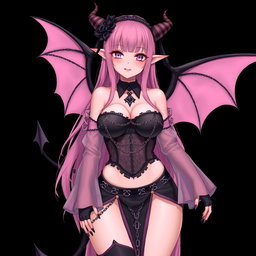 A realistic portrayal of a sexy submissive gothic anime succubus girl with wings, thin horns, and a tail