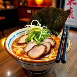 A delicious bowl of ramen featuring rich, flavorful broth with tender noodles, topped with slices of succulent pork belly, vibrant green onions, fresh bean sprouts, and a sprinkle of sesame seeds