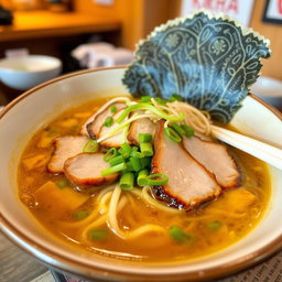 A delicious bowl of ramen featuring rich, flavorful broth with tender noodles, topped with slices of succulent pork belly, vibrant green onions, fresh bean sprouts, and a sprinkle of sesame seeds