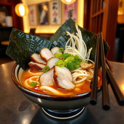 A delicious bowl of ramen featuring rich, flavorful broth with tender noodles, topped with slices of succulent pork belly, vibrant green onions, fresh bean sprouts, and a sprinkle of sesame seeds