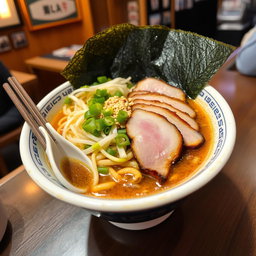 A delicious bowl of ramen featuring rich, flavorful broth with tender noodles, topped with slices of succulent pork belly, vibrant green onions, fresh bean sprouts, and a sprinkle of sesame seeds