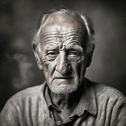 Rework the portrait to heighten the drama and aesthetic appeal. Capture an elderly, award-winning man, every wrinkle telling a unique story, his eyes burning with intensity of a hard yet victorious life, and smoke dancing around his weathered hands.