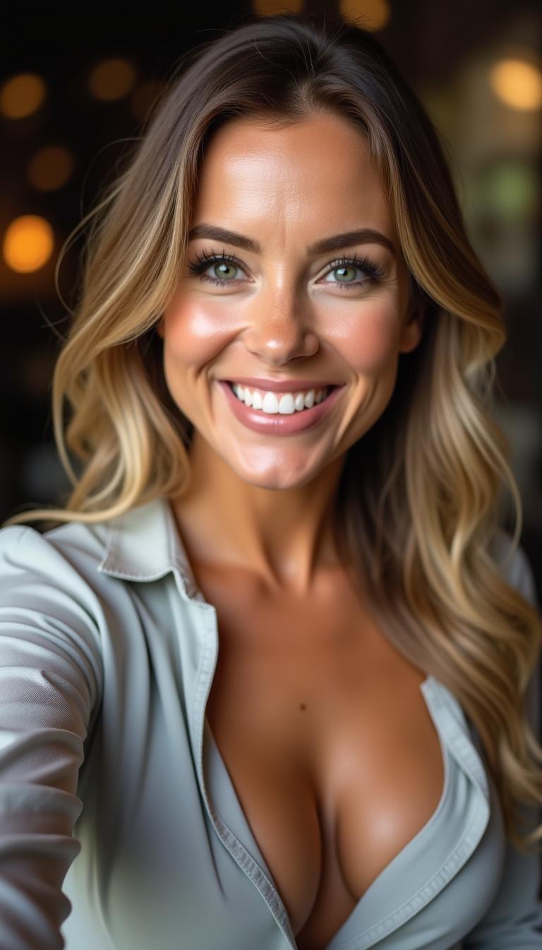 A close-up selfie of a stylish woman, approximately 40 years old, exuding confidence
