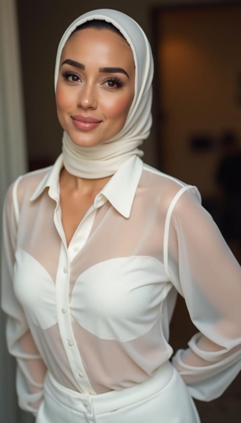 A stylish selfie of a confident woman, approximately 40 years old, wearing a white transparent shirt that tastefully accentuates her shape, paired with high platform heels that enhance her fashionable look