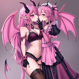 A realistic depiction of a sexy dominant gothic anime succubus girl with wings, thin horns, and a tail