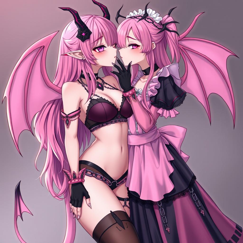 A realistic depiction of a sexy dominant gothic anime succubus girl with wings, thin horns, and a tail
