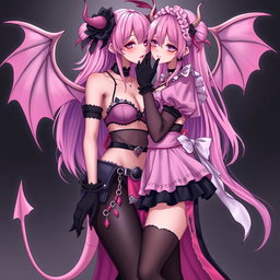 A realistic depiction of a sexy dominant gothic anime succubus girl with wings, thin horns, and a tail