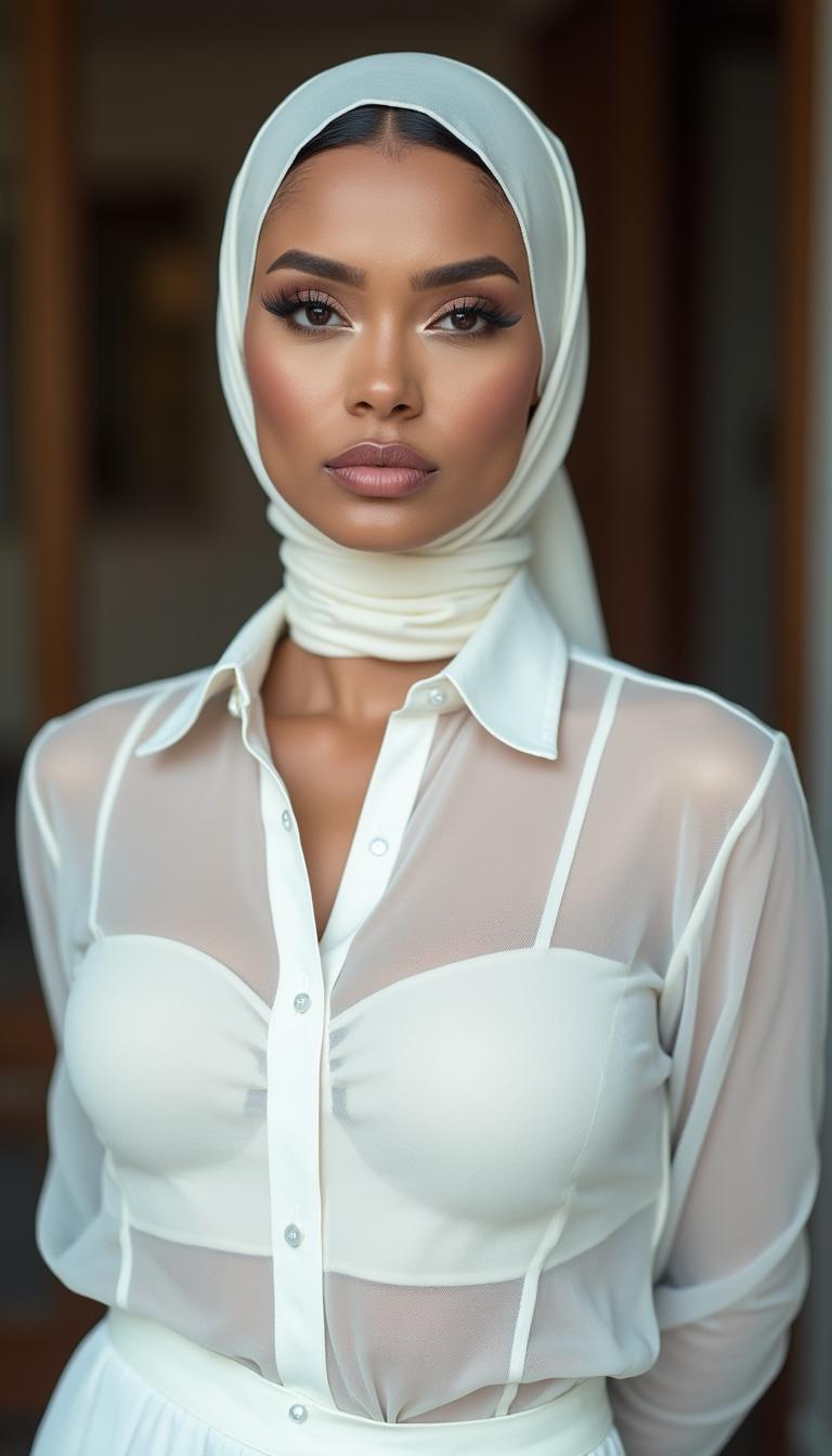 A striking close-up selfie of a confident woman, approximately 40 years old, with a serious expression