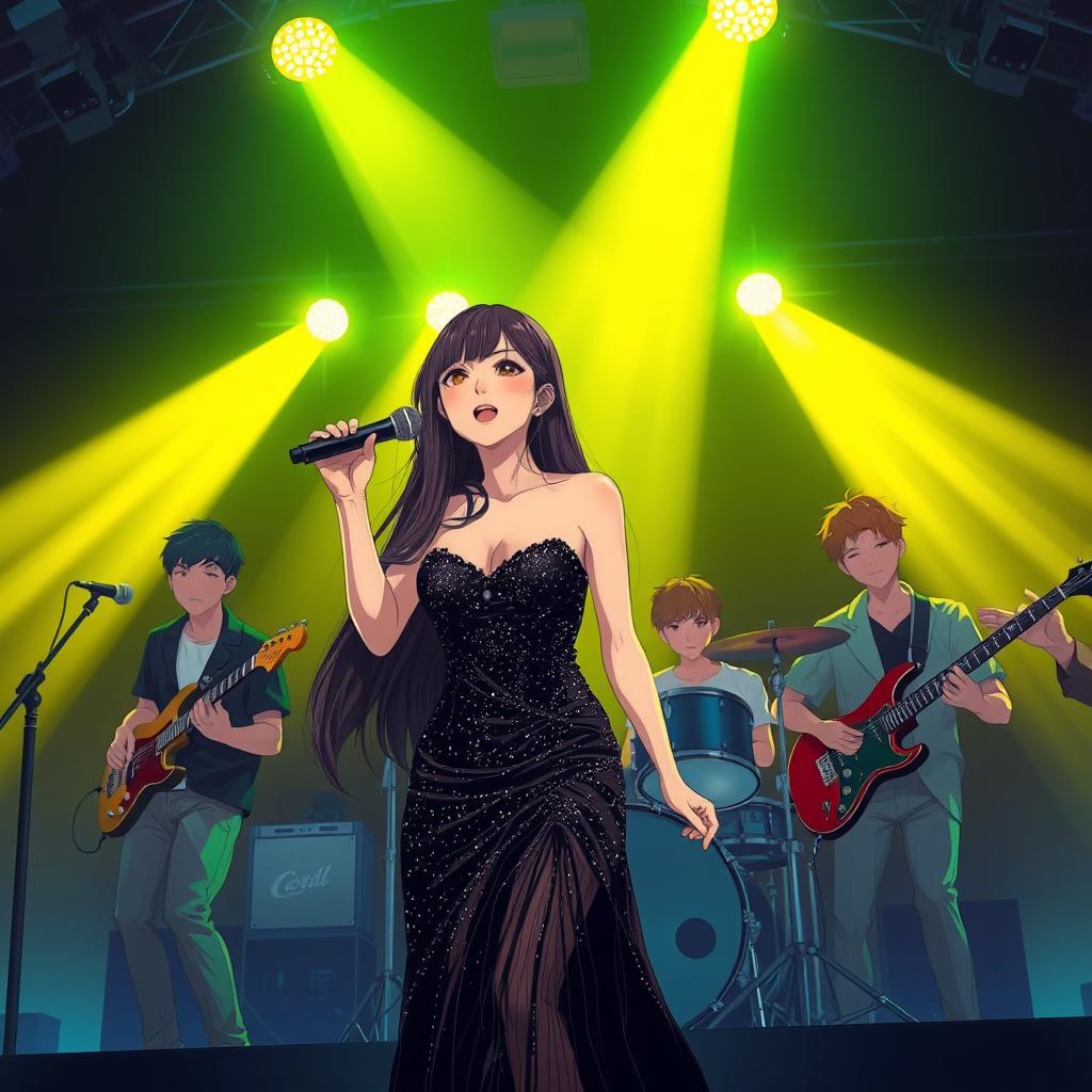 In a vibrant night scene, an anime-style image features a beautiful and hot Korean woman with long hair dressed in a black glimmering, sparkling glam dress