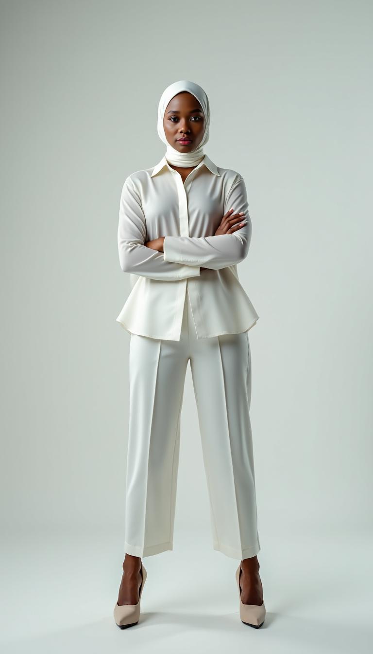 A wide-angle photo of a confident woman, approximately 40 years old, standing tall in high platform heels