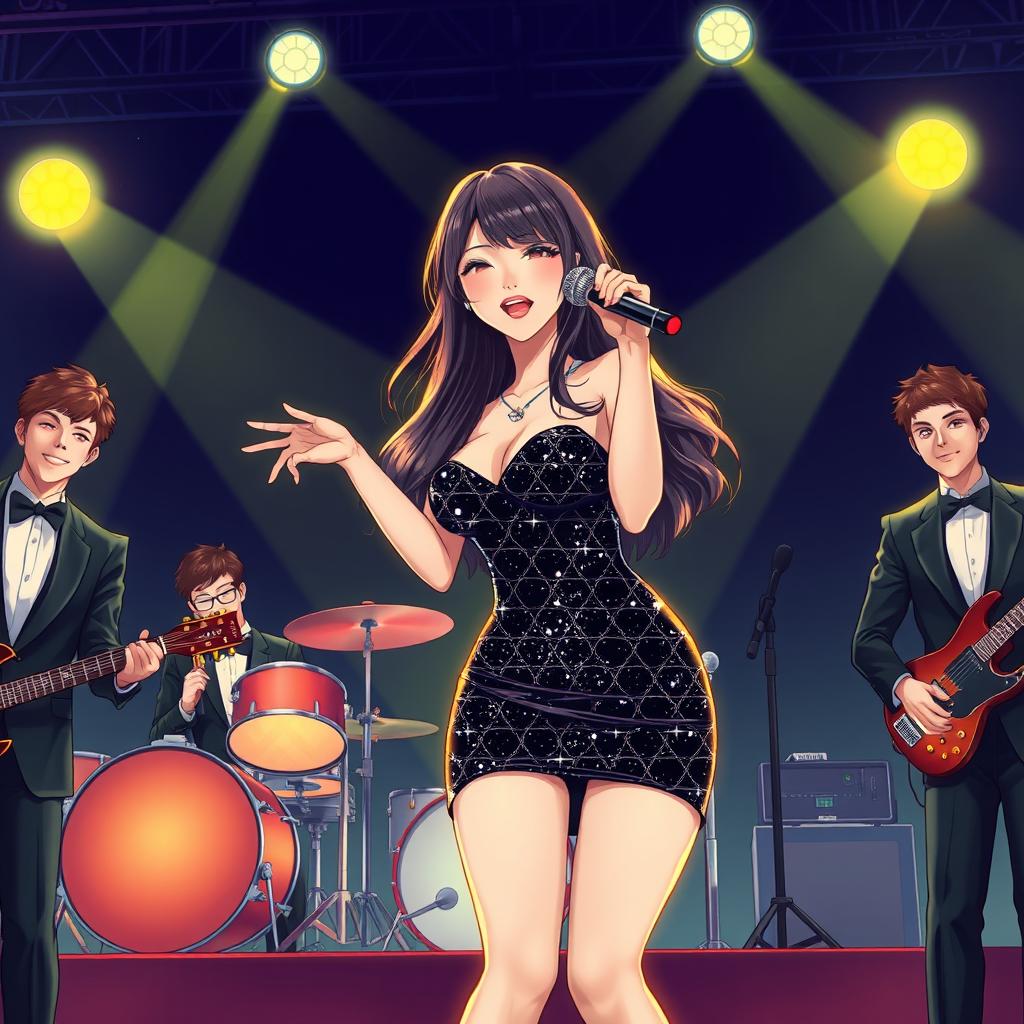 In a vibrant night scene, an anime-style illustration showcases a beautiful and hot Korean woman with long hair wearing a black glimmering, sparkling glam dress