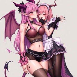 A realistic depiction of a sexy dominant gothic anime succubus girl with wings, thin horns, and a tail