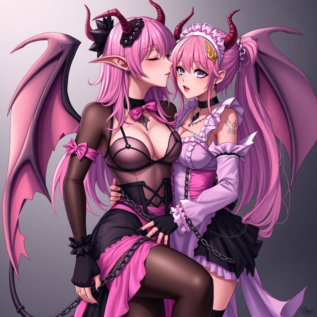 A realistic depiction of a sexy dominant gothic anime succubus girl with wings, thin horns, and a tail